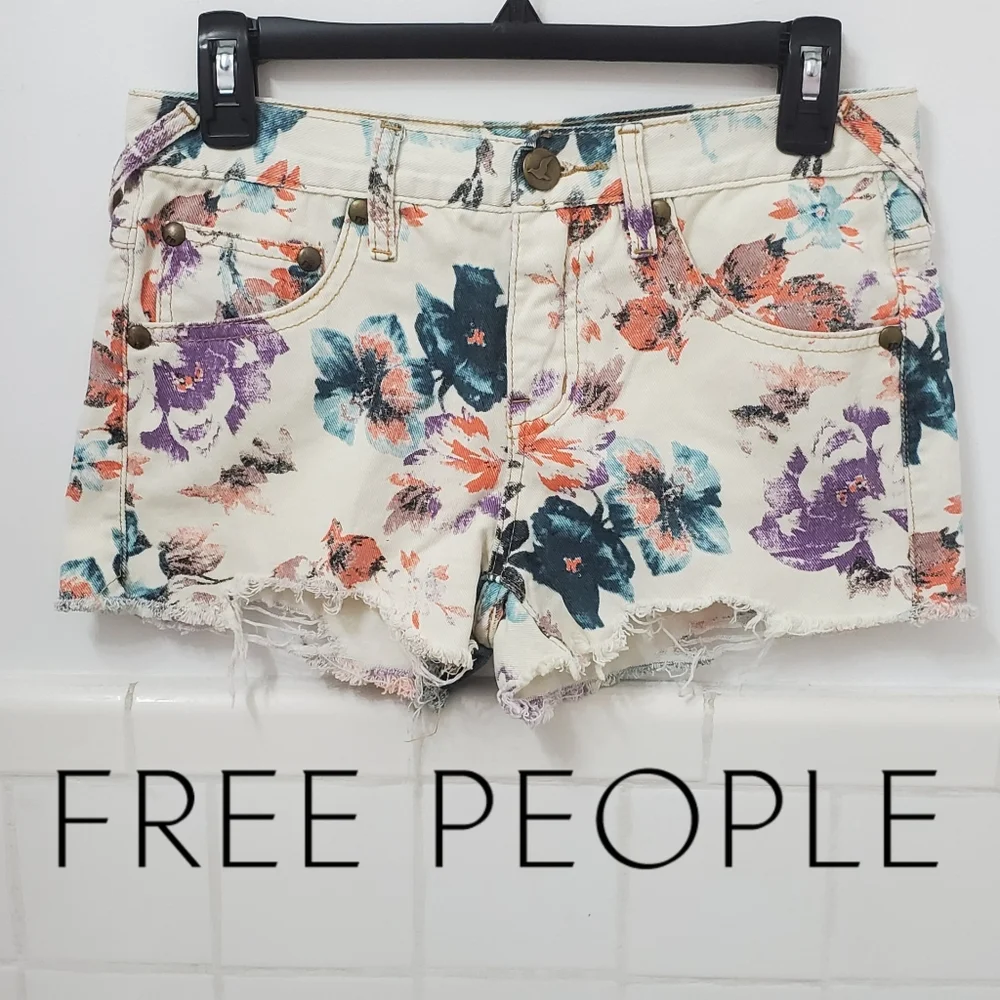 Free People Floral Denim Cutoff Shorts Turquoise Combo 26